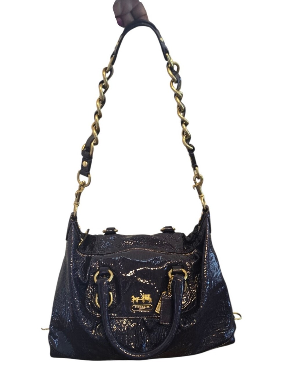 Coach Madison Sabrina Deep Plum Purple Crinkled Patent Leather Satchel - Picture 6 of 16